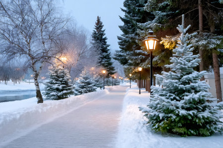 Winter evening scene showing a park path lined with pine trees and glowing street lightsの素材