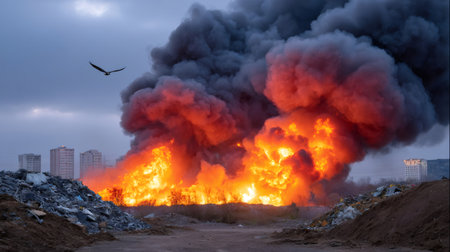 Landfill fire causing massive smoke plumes near urban buildings with a bird flying overheadの素材
