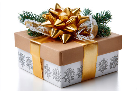 Decorated Christmas gift box, golden bow, pine branch, and snowflake patternの素材