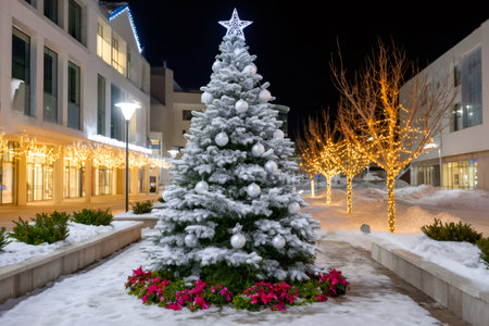Outdoor Christmas tree stands in snow-covered urban plaza with festive lights at nightの素材