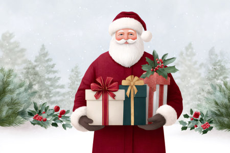 Santa Claus presenting holiday gifts in a festive snowy forestの素材