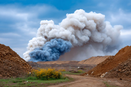 Landfill waste burning creating a large plume of smoke into the blue skyの素材