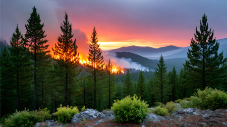 Wildfire burning trees and emitting smoke in a forest during sunset, creating an orange skyの素材
