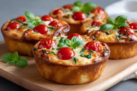 Homemade mini quiches with fresh ingredients on a wooden boardの素材