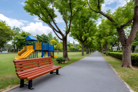 Urban park with a wooden bench, children's playground, and tree-lined pathの素材