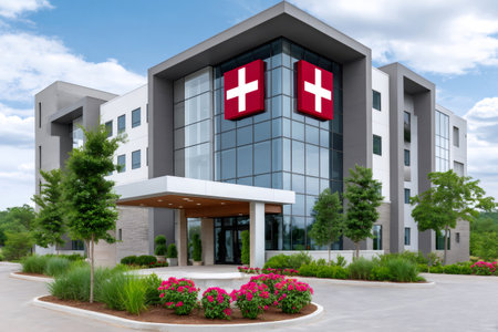 Modern hospital building displaying red cross symbol, representing healthcare and medical facilityの素材