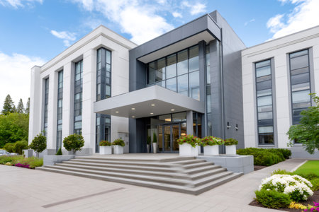 Modern office building presenting a sleek exterior, grand entrance, and steps leading to a pathwayの素材