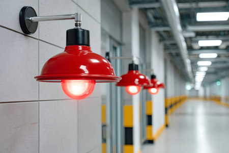 Row of red warning lamps illuminating a long industrial hallway or factory corridorの素材