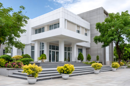 Modern building entrance featuring stairs, lush landscaping, and vibrant green trees under a clear skyの素材