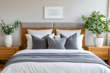 Bedroom interior with bed, wooden furniture, and potted plants creating a cozy atmosphereの素材