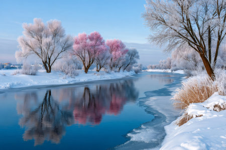 Calm river flowing through a snowy landscape with ice and colorful treesの素材