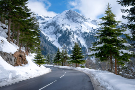 Curving road through a snowy mountain landscape, surrounded by pine trees under a blue skyの素材