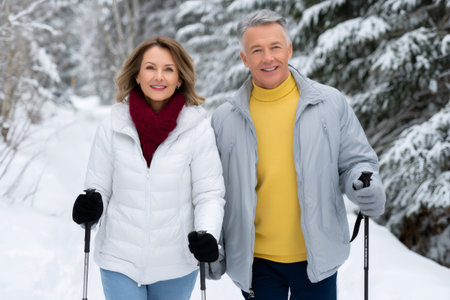 Happy senior couple walking with poles through a snowy winter forestの素材