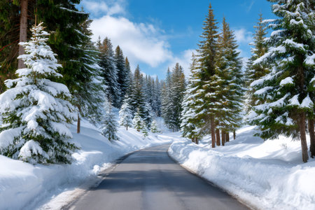 Winding road through a snow-covered forest with pine trees under a blue skyの素材