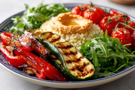 Grilled zucchini, bell peppers, tomatoes, couscous, hummus, and arugula creating a healthy mealの素材