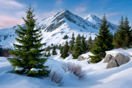 Snowy mountain peaks rising above evergreen pine trees and a pristine white landscape under a blue skyの素材