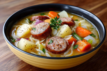 Stew with sliced sausage, potato chunks, carrots, and cabbage in a yellow bowlの素材