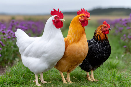 Three domestic chickens displaying various colors standing in a field of green grass with purple flowersの素材