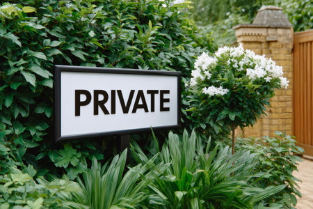 Private sign warning about an exclusive property with green hedgingの素材