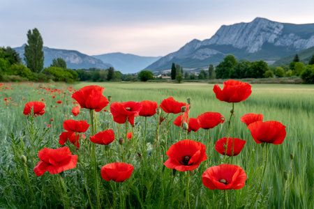 Red poppies blooming in a green agricultural field with mountains in the backgroundの素材