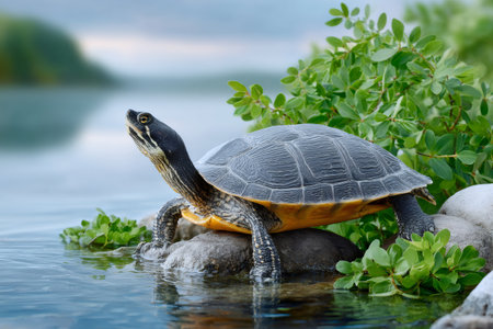 Turtle resting on rocks by the water's edge, looking up with natural green foliage framing its shellの素材
