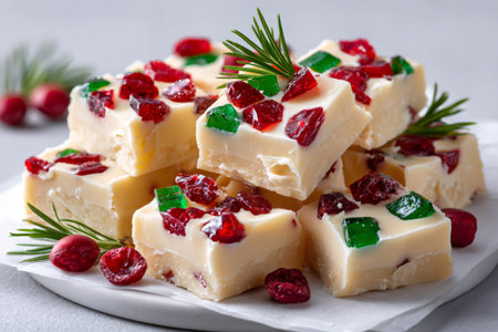 White chocolate cranberry fudge squares topped with dried cranberries and rosemaryの素材