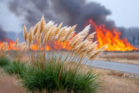 Pampas grass growing with a destructive wildfire burning in the background producing black smokeの素材