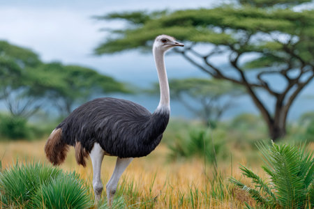 Ostrich standing in grasslands with acacia trees under a cloudy skyの素材