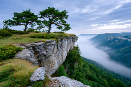 Pine trees standing on a cliff edge overlooking a valley filled with morning fogの素材