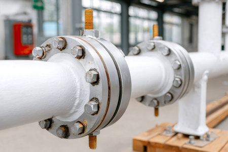 Heavy duty white pipeline section with bolted metal flanges, connecting systems in an industrial settingの素材