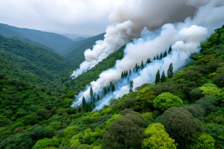 Forested mountainside with thick smoke from a spreading wildfireの素材