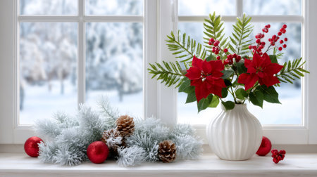 Festive poinsettia, winter greens, and ornaments adorning a window, with snow falling outdoorsの素材