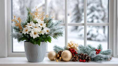 Poinsettia arrangement and festive ornaments decorating a home window during winterの素材