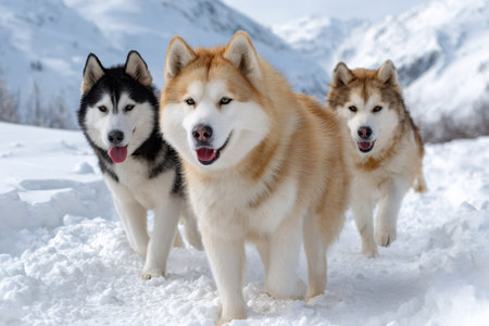 Sled dog pack, Huskies and Malamutes, running up a snowy mountain path in winterの素材