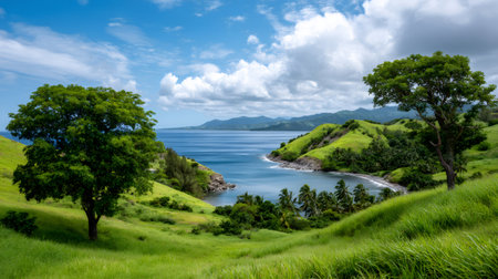 Verdant hills embracing a serene tropical cove under a bright blue skyの素材