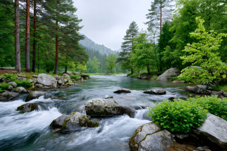 Mountain river rushing over rocks surrounded by lush green trees and vibrant vegetationの素材