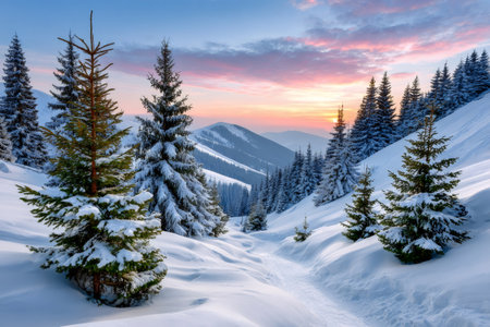 Snow-covered mountain landscape with pine trees and a winding path at colorful winter sunsetの素材