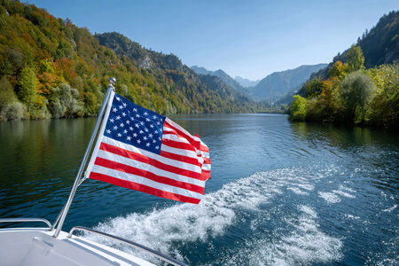 American flag waving from a boat traveling on a mountain lake, creating a foamy wakeの素材