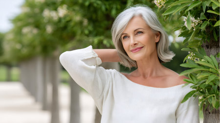 Mature woman with gray hair smiling, relaxing outdoors in a beautiful green parkの素材