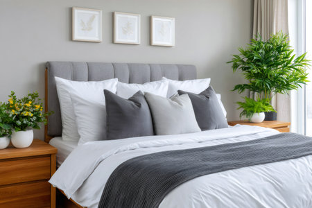 Clean modern bedroom interior with a comfortable bed and fresh plantsの素材