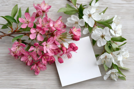 Cherry blossom branches framing a blank white card on a light wood backgroundの素材