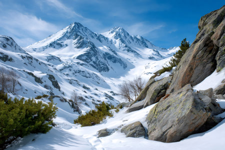 Winter mountain landscape with snow, rugged rocks, and clear blue sky on a sunny dayの素材