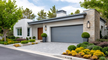 Contemporary single story house exterior, with landscaped front yard, driveway, and garageの素材