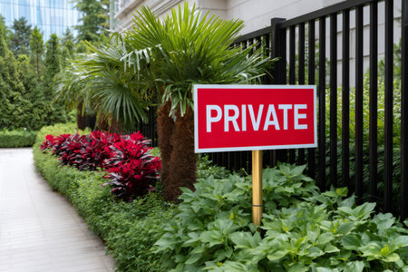 Red private sign on a golden pole in a lush green garden with a black fenceの素材