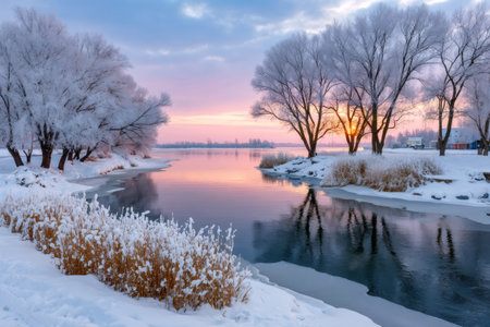 Frost-covered trees and snow-dusted reeds framing a serene river reflecting a colorful sunriseの素材