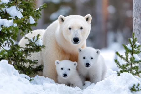 Polar bear mother protecting two cute cubs in a winter snow sceneの素材