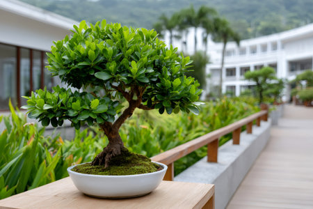 Bonsai tree thriving in a white pot, adding tranquility to an outdoor Asian-inspired gardenの素材