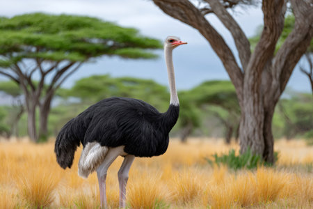 Ostrich looking right while standing in dry grass of the African savannaの素材