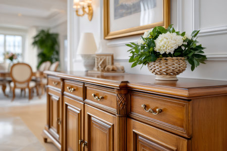 Wooden sideboard featuring carved details and fresh flowers in an elegant homeの素材