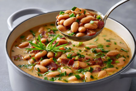 Ladle serving a warm bowl of comfort food, rich with beans, bacon, and fresh herbsの素材